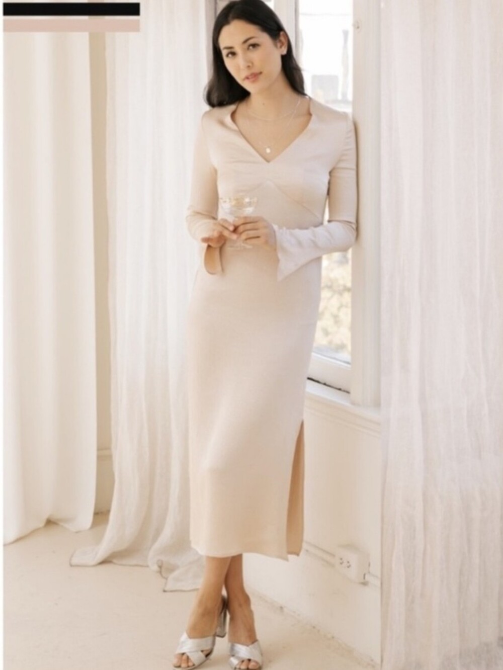 Smash + Tess Soft Cream Ribbed Midi Skirt with Side Slit